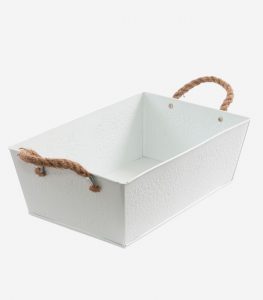 Oggetti in latta - vaschetta bianca con manici in corda