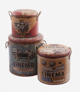 Pouf contenitore in set di 3 con manici in corda e stampa Cinema