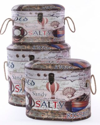 Pouf Contenitore in Set di 3 con Fantasia Mare in MDF e Rivestimento PU