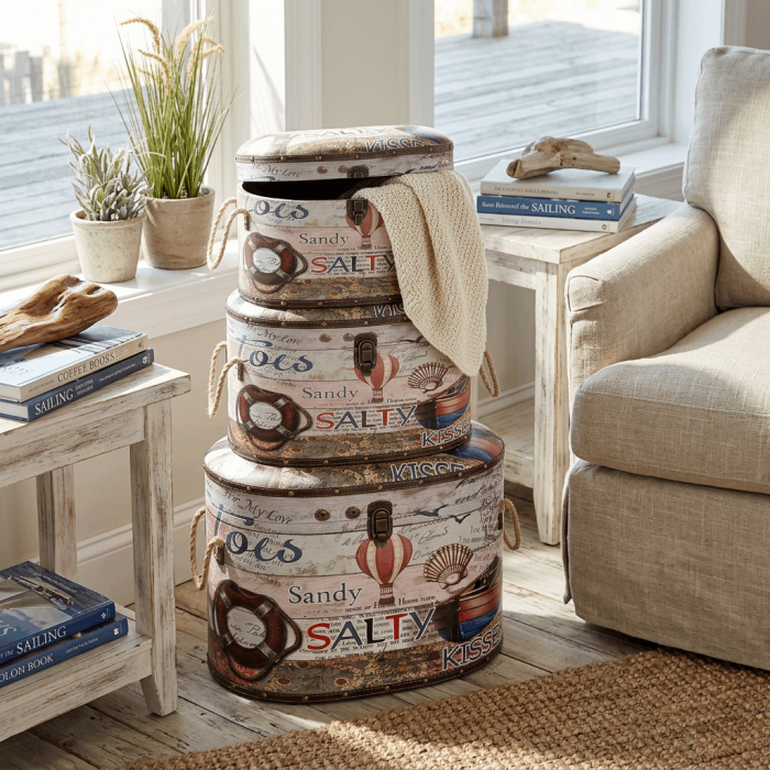 Pouf Contenitore in Set di 3 con Fantasia Mare in MDF e Rivestimento PU - immagine 2