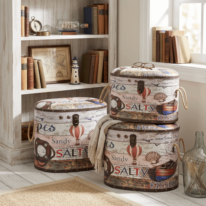 Pouf Contenitore in Set di 3 con Fantasia Mare in MDF e Rivestimento PU - immagine 5