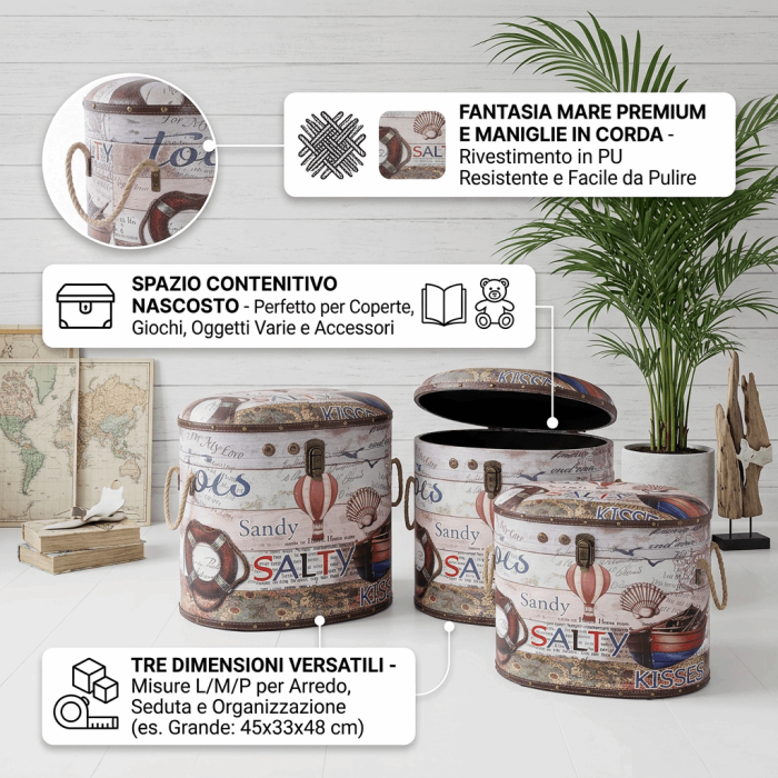Pouf Contenitore in Set di 3 con Fantasia Mare in MDF e Rivestimento PU - immagine 3