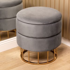 Pouf contenitore - pouf in metallo dorato con rivestimento in velluto grigio 