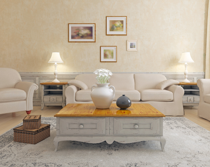 Mobili shaby chic, arredo salotto