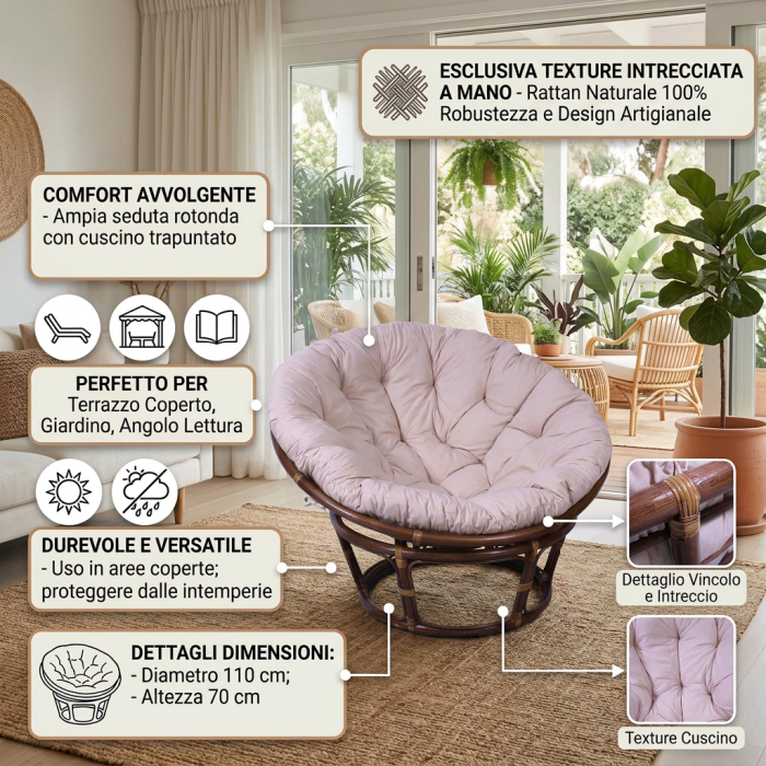 Poltrona rotonda in rattan noce "Papasan" - immagine 4