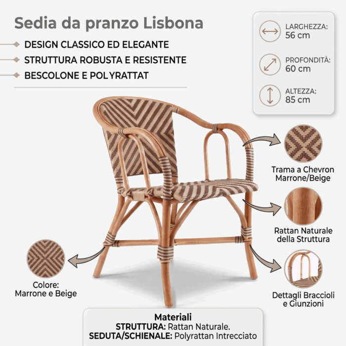 Sedia da pranzo in rattan "Lisbona" - immagine 6