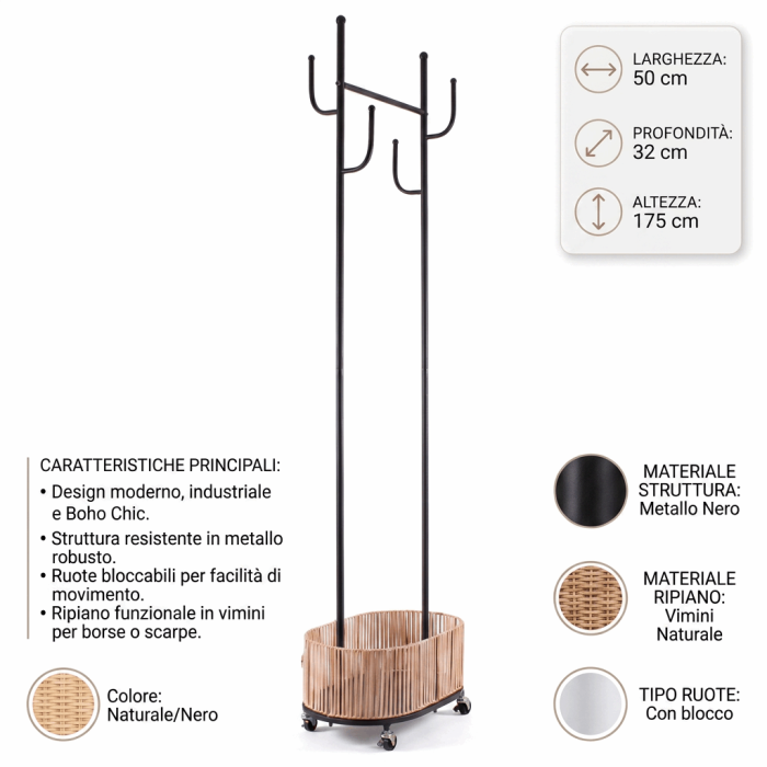 Appendiabiti da Terra con Ruote in Ferro Nero e Vimini Naturale 50x32x175 cm - immagine 4