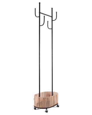 Appendiabiti da Terra con Ruote in Ferro Nero e Vimini Naturale 50x32x175 cm