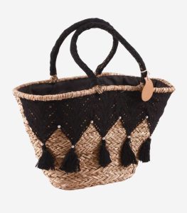 Borsa in fibre naturali, borsa ovale con merletto nero