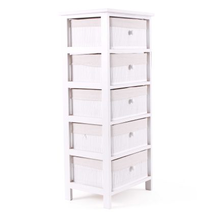 Cassettiera Bianca a Colonna con 5 Cassetti in Legno di Abete e bambù Verniciato 40x29x90 cm