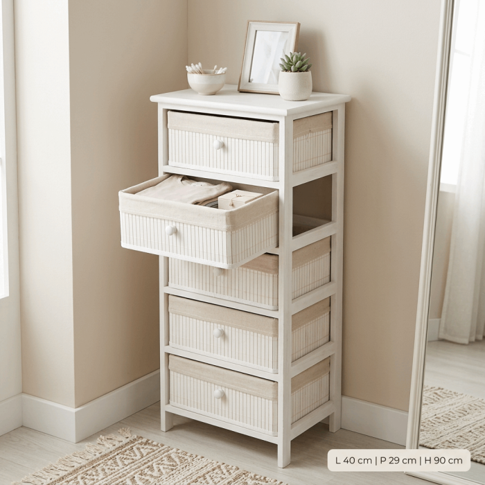 Cassettiera Bianca a Colonna con 5 Cassetti in Legno di Abete e bambù Verniciato 40x29x90 cm - immagine 2