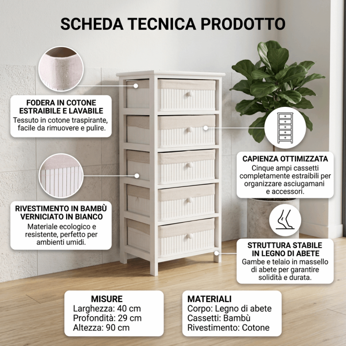 Cassettiera Bianca a Colonna con 5 Cassetti in Legno di Abete e bambù Verniciato 40x29x90 cm - immagine 3