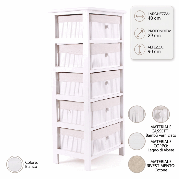 Cassettiera Bianca a Colonna con 5 Cassetti in Legno di Abete e bambù Verniciato 40x29x90 cm - immagine 4
