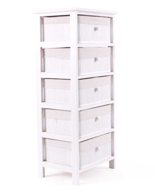 Cassettiera Bianca a Colonna con 5 Cassetti in Legno di Abete e bambù Verniciato 40x29x90 cm