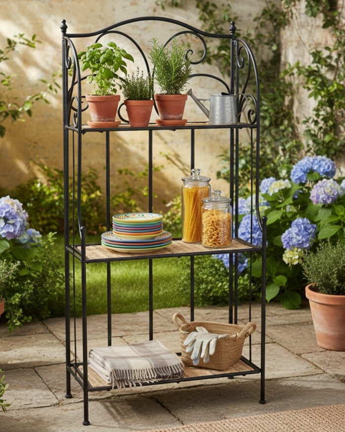 Scaffale in metallo e vimini a tre piani - immagine 2