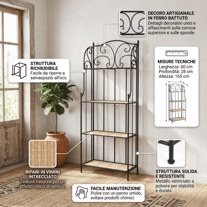 Scaffale in Ferro e Vimini Nero con Mensole in Vimini 60x28x165 cm - immagine 3