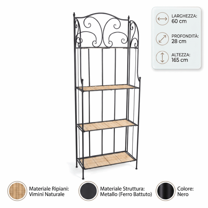 Scaffale in Ferro e Vimini Nero con Mensole in Vimini 60x28x165 cm - immagine 4