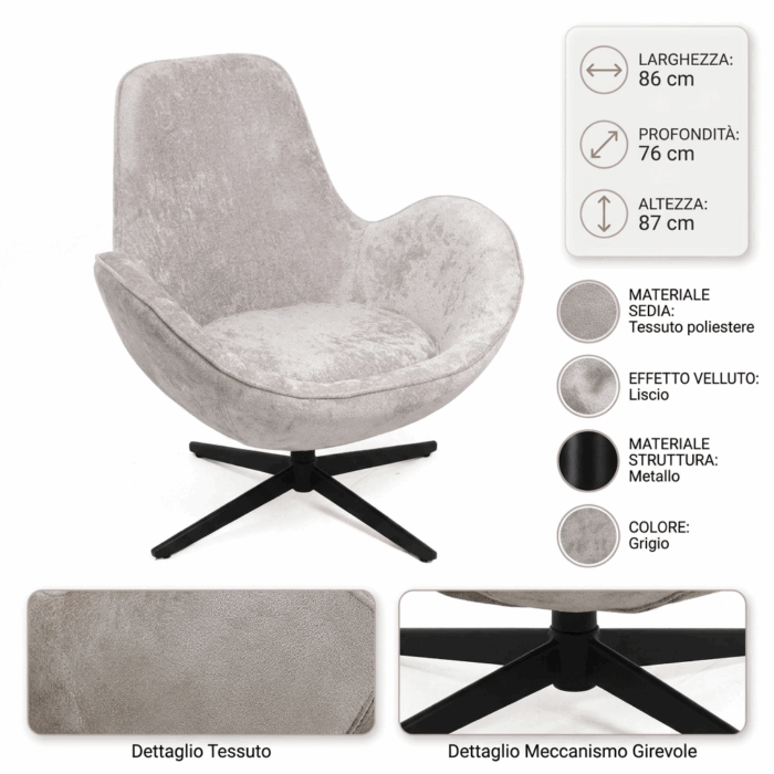 Poltrona girevole in tessuto grigio "Dora" - immagine 4
