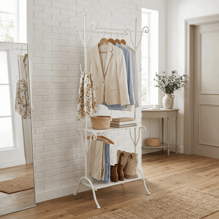 Appendiabiti da terra in ferro bianco con 2 barre e 2 ripiani 60x30x174 cm - immagine 5