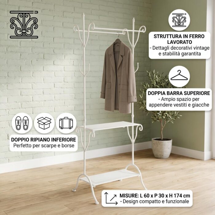 Appendiabiti da terra in ferro bianco con 2 barre e 2 ripiani 60x30x174 cm - immagine 3