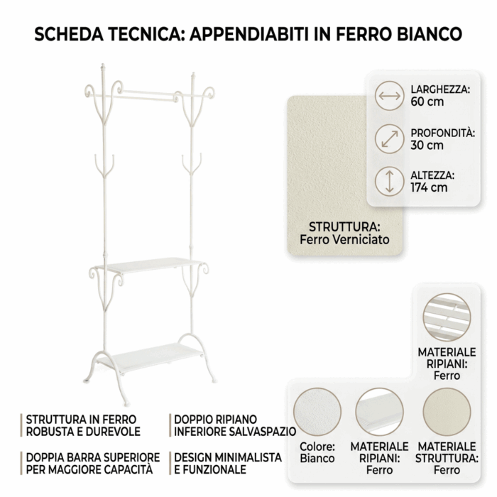 Appendiabiti da terra in ferro bianco con 2 barre e 2 ripiani 60x30x174 cm - immagine 4