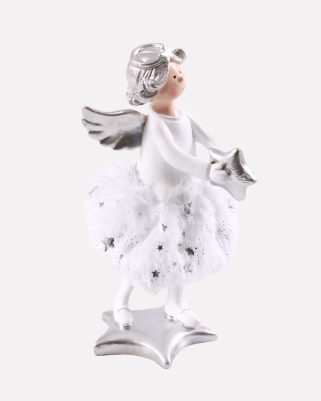Angelo decorativo natalizio in resina bianco e argento