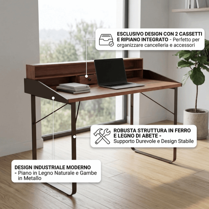 Scrivania in legno di abete e ferro con 2 cassetti 36x100xH88cm - immagine 3