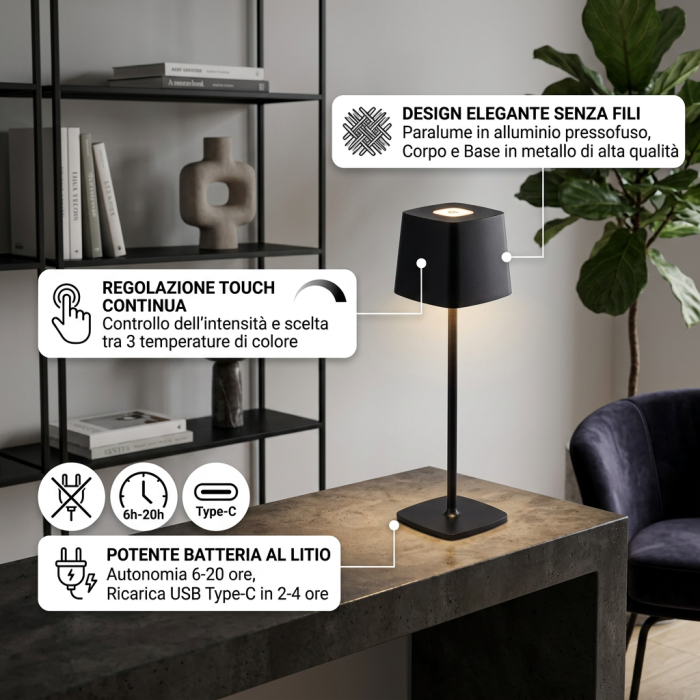 Lampada a led touch “Roma” nero con 3 colorazioni luce - immagine 3