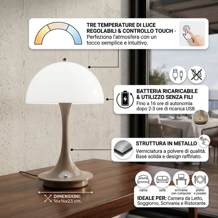 Lampada a led touch "Como" base tortora e paralume bianco con 3 colorazioni luce - immagine 3
