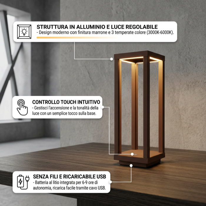 Lampada a led touch “Bari” marrone con 3 colorazioni luce - immagine 4
