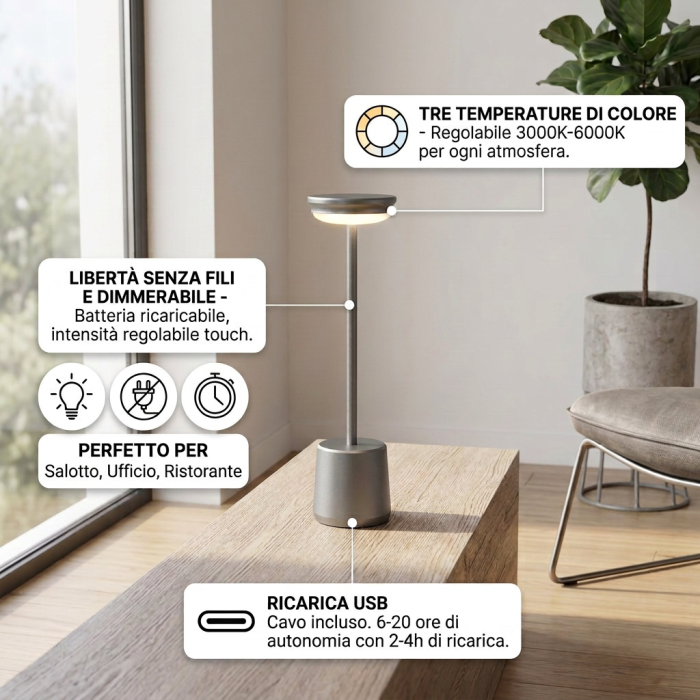 Lampada a led touch “Milan” grigia con 3 colorazioni luce - immagine 3
