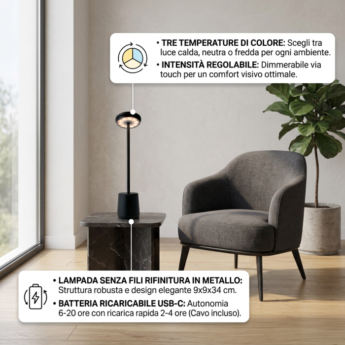 Lampada a led touch “Milan” nera con 3 colorazioni luce - immagine 3