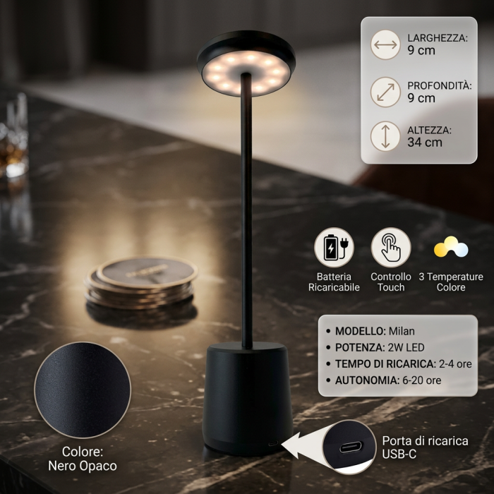 Lampada a led touch “Milan” nera con 3 colorazioni luce - immagine 4
