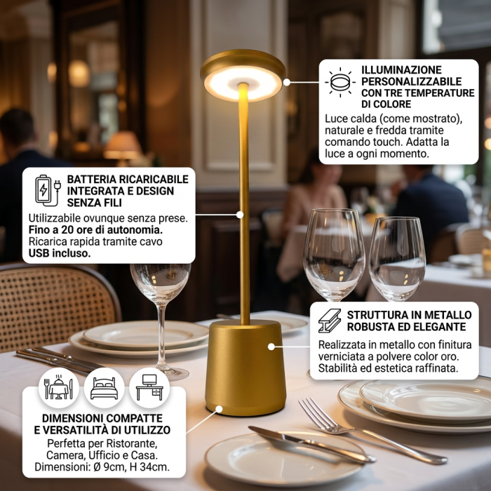 Lampada a led touch “Milan” oro con 3 colorazioni luce - immagine 3