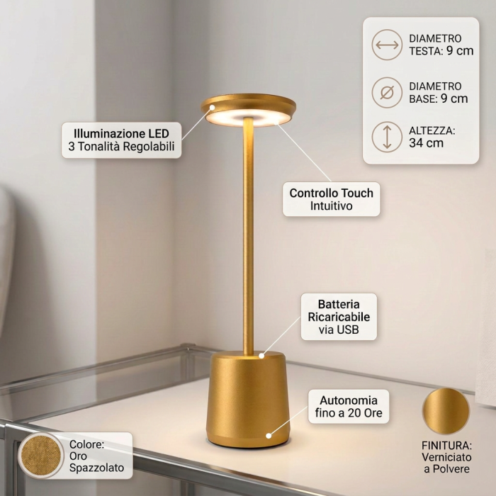 Lampada a led touch “Milan” oro con 3 colorazioni luce - immagine 4