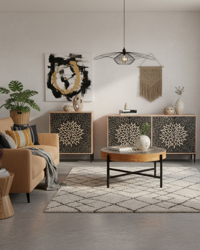 Credenza quadrata in legno di pino ed mdf "Bangkok" - immagine 2