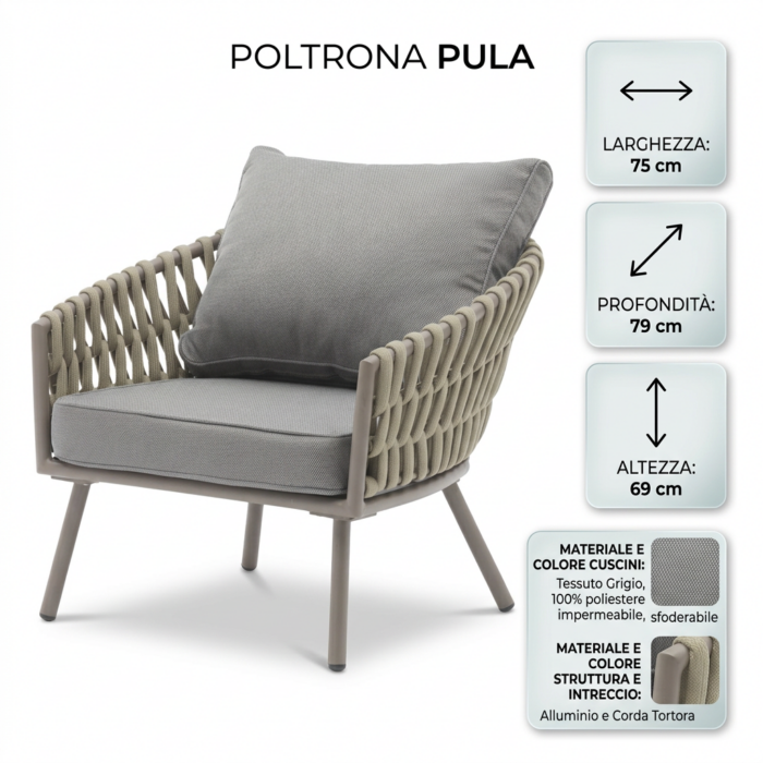 Poltrona in allumino tortora e corda "Pula" - immagine 4