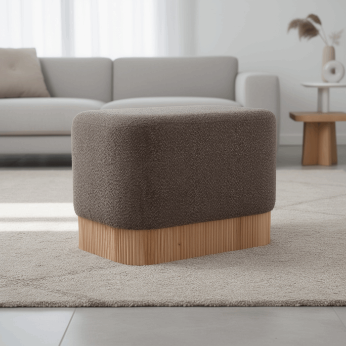 Pouf Rettangolare in tessuto bouclé marrone con base rivestita in bambù naturale 52x42x45 cm - immagine 2