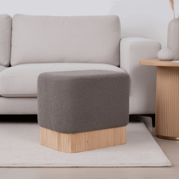 Pouf Rettangolare in tessuto bouclé marrone con base rivestita in bambù naturale 52x42x45 cm - immagine 5
