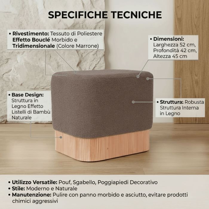 Pouf Rettangolare in tessuto bouclé marrone con base rivestita in bambù naturale 52x42x45 cm - immagine 3