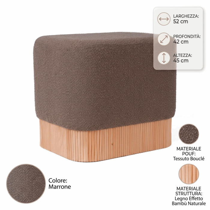 Pouf Rettangolare in tessuto bouclé marrone con base rivestita in bambù naturale 52x42x45 cm - immagine 4