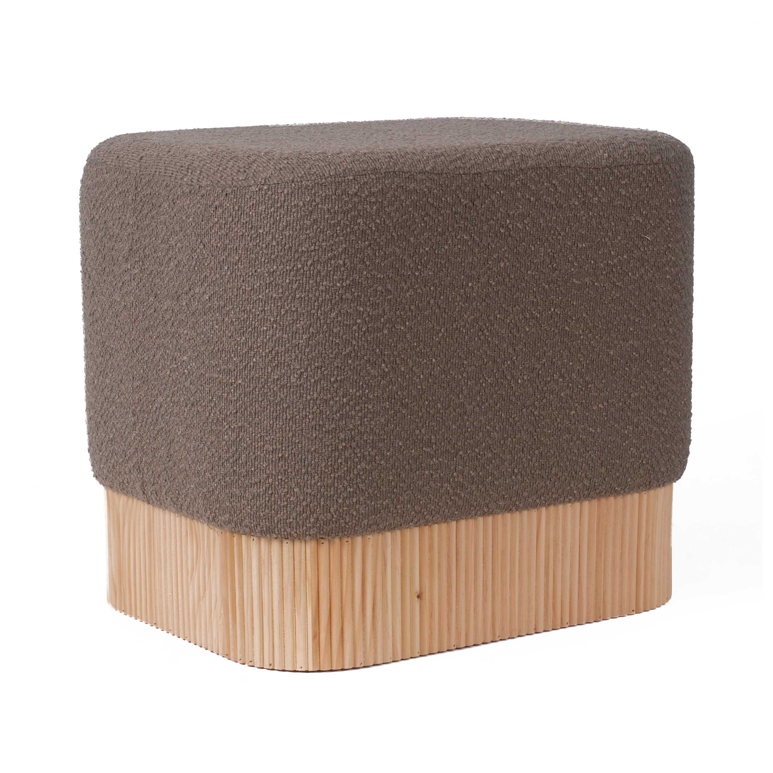 13-XW236G Pouf Rettangolare in tessuto bouclé marrone con base in bambù naturale 52x42x45 cm