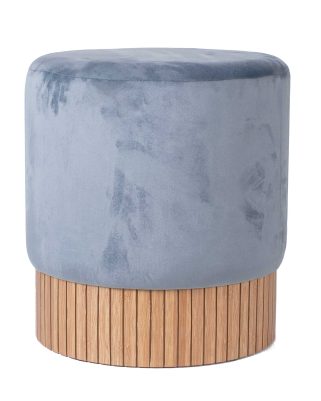 Pouf Rotondo in Velluto Blu con Base rivestita con Legno di bambù 42x45 cm