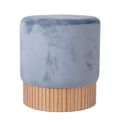 Pouf Rotondo in Velluto Blu con Base rivestita con Legno di bambù 42x45 cm