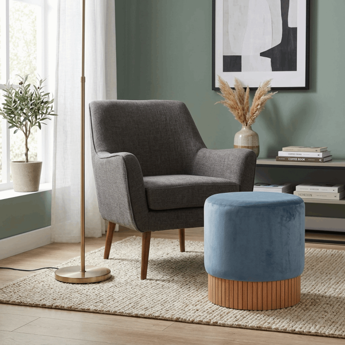 Pouf Rotondo in Velluto Blu con Base rivestita con Legno di bambù 42x45 cm - immagine 2