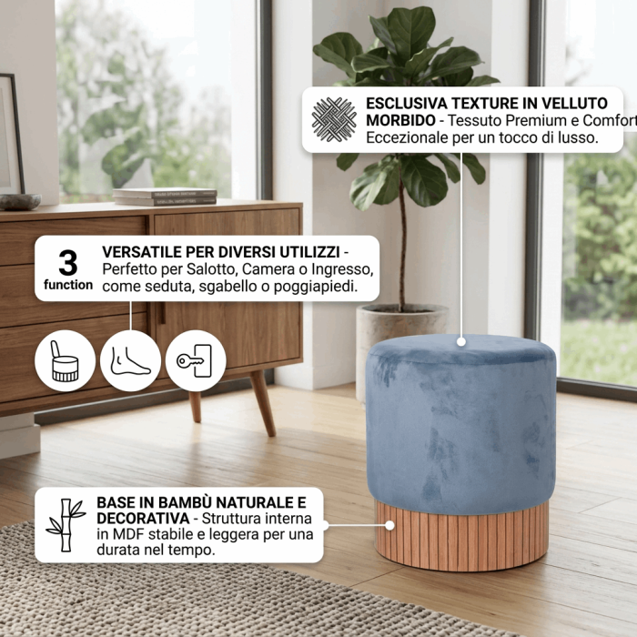 Pouf Rotondo in Velluto Blu con Base rivestita con Legno di bambù 42x45 cm - immagine 3