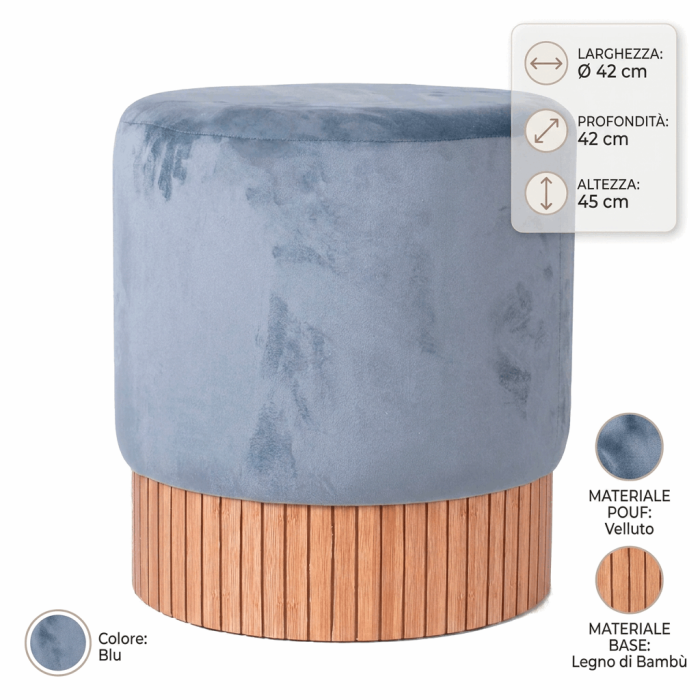 Pouf Rotondo in Velluto Blu con Base rivestita con Legno di bambù 42x45 cm - immagine 4