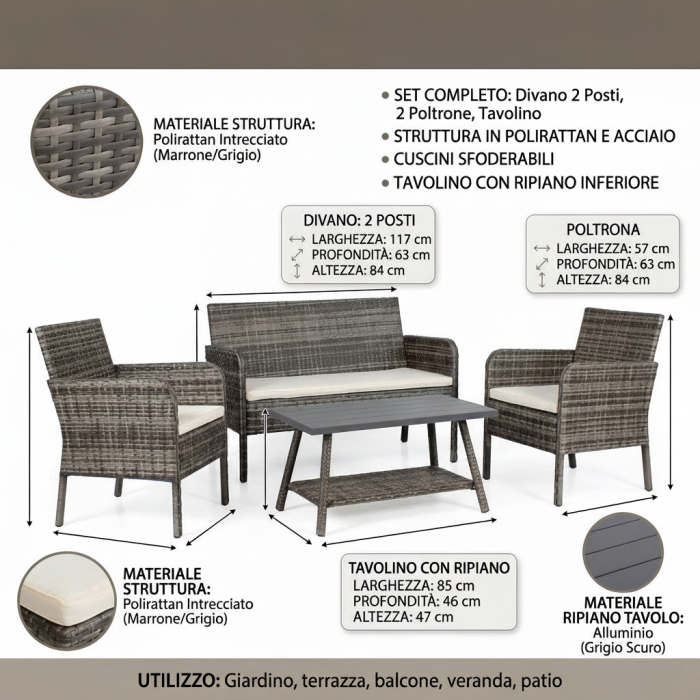 Salotto completo in polirattan "Lory" - immagine 4