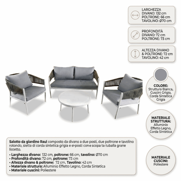 Salotto completo in alluminio bianco e corda "Raul" - immagine 4