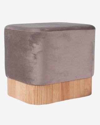Pouf in velluto grigio beige con base a listelli di bambù naturale